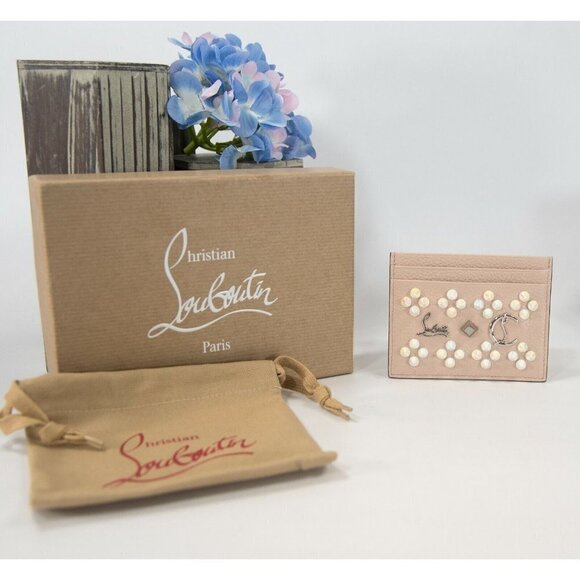 Christian Louboutin Kios Iridescent Studded Pink Leather Card Case Wallet NWT - Picture 2 of 10